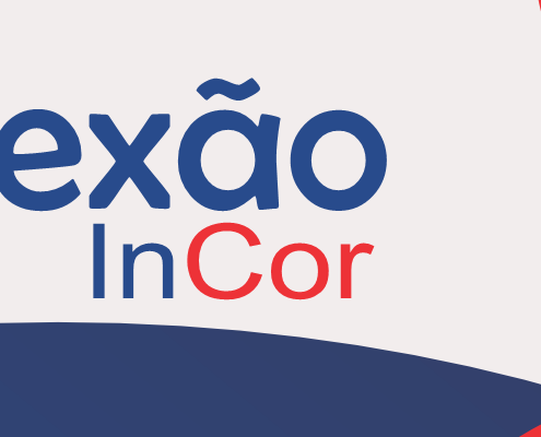 Imagem com o escrito "Conexão InCor" em azul marino e vermelho num fundo bege com desenhos em formas arredondadas em vermelho, amarelo e azul marino nas laterais