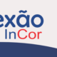 Imagem com o escrito "Conexão InCor" em azul marino e vermelho num fundo bege com desenhos em formas arredondadas em vermelho, amarelo e azul marino nas laterais