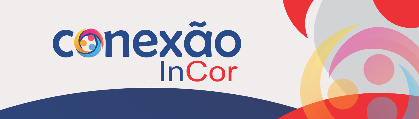 Conexão InCor - Experiência Acadêmica Imagem com o escrito "Conexão InCor" em azul marino e vermelho num fundo bege com desenhos em formas arredondadas em vermelho, amarelo e azul marino nas laterais