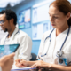 Imagem de dois médicos, um homem negro e uma mulher com cabelos ruivos, estudando para representar as especializações do Ensino InCor