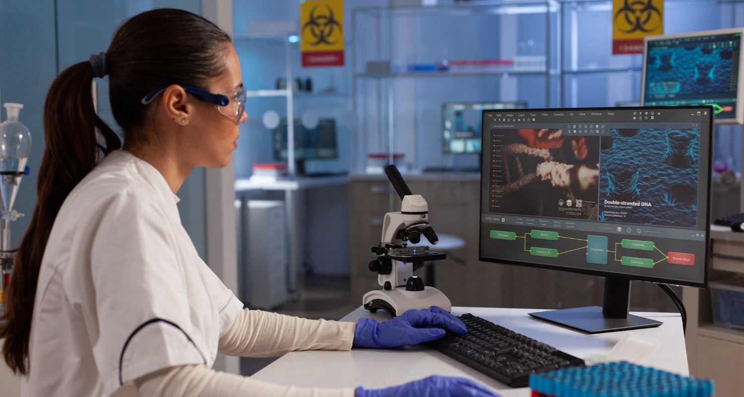 Representação da atuação do Medical Science Liaison com uma médica sentada em sua mesa e analisando alguns dados em seu computador